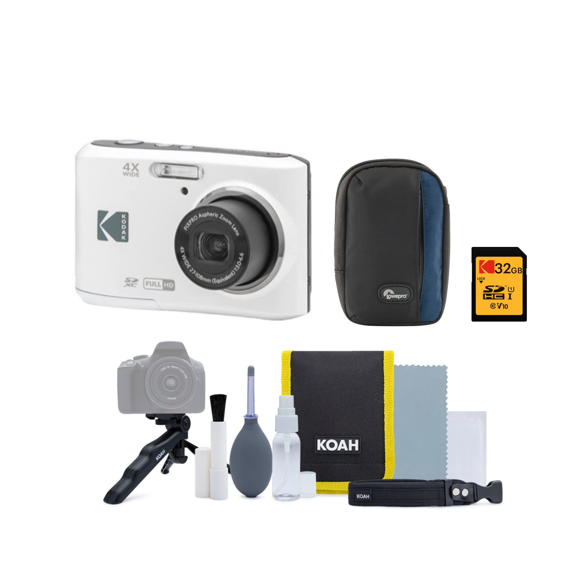 KODAK PIXPRO Friendly Zoom FZ45-WH 16MP Digital Camera with 4X Optical Zoom 27mm Wide Angle and 2.7 LCD Screen (White) Bundle with Cleaning Kit 32GB Memory Card Camera Case and Batteries (5 Items)