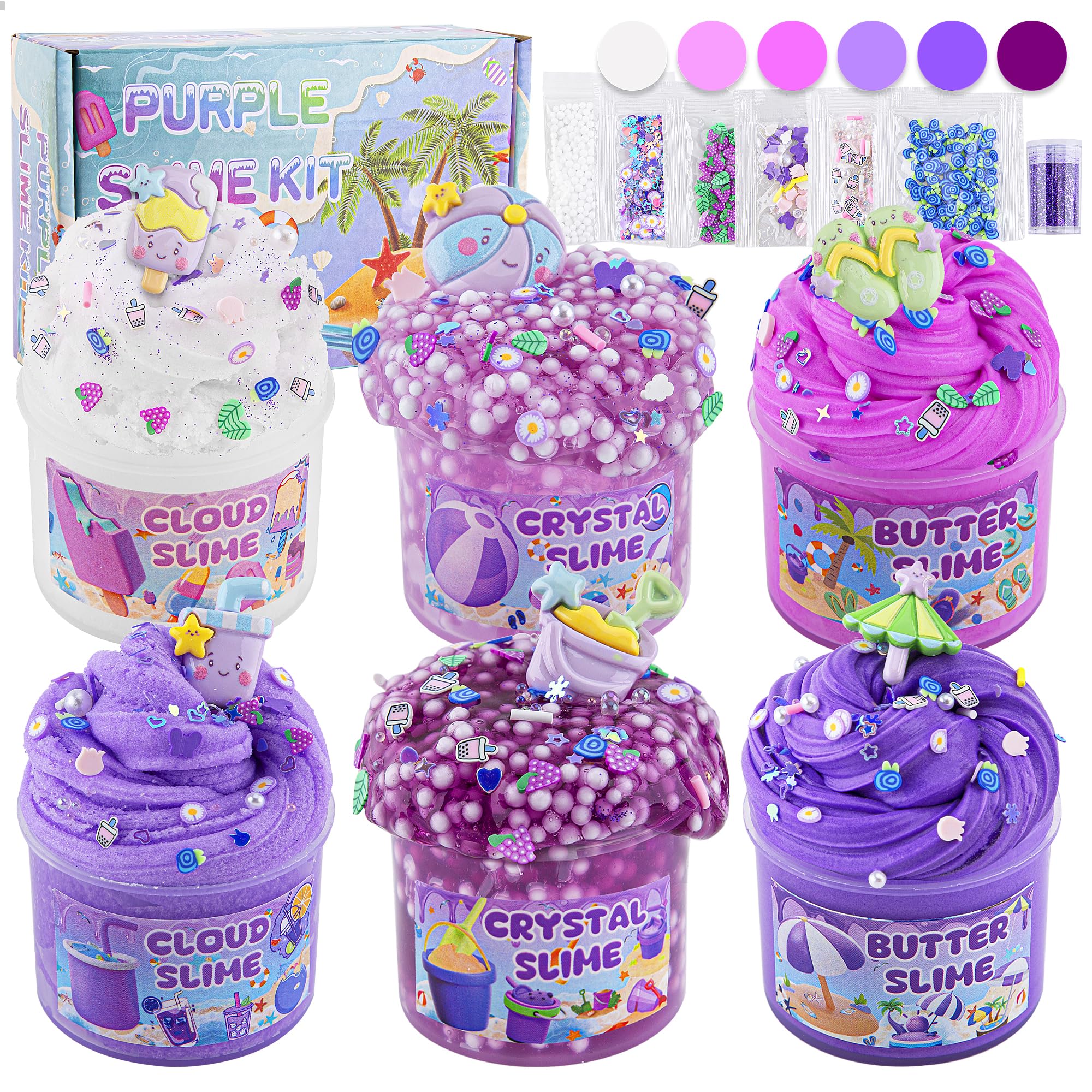 6 Packs Gradient Purple Slime Kit - Cloud Slime Butter Slime & Clear Slime Crunchy Slime for Kids with Various Slime Add-ins Non Stick Slime Party Favors for Girls and Boys 360ml Kids Slime(Beach)