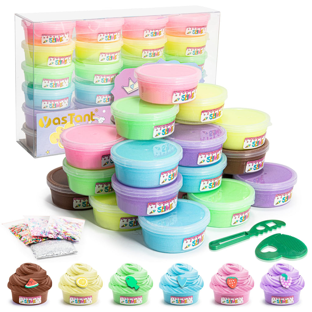 YasTant Slime Kit for Girls and Boys Safe and Fluffy Slime for Kids Stress Relief Kids Slime Kits for Toddlers Stretchy Butter Slime Pack of 24