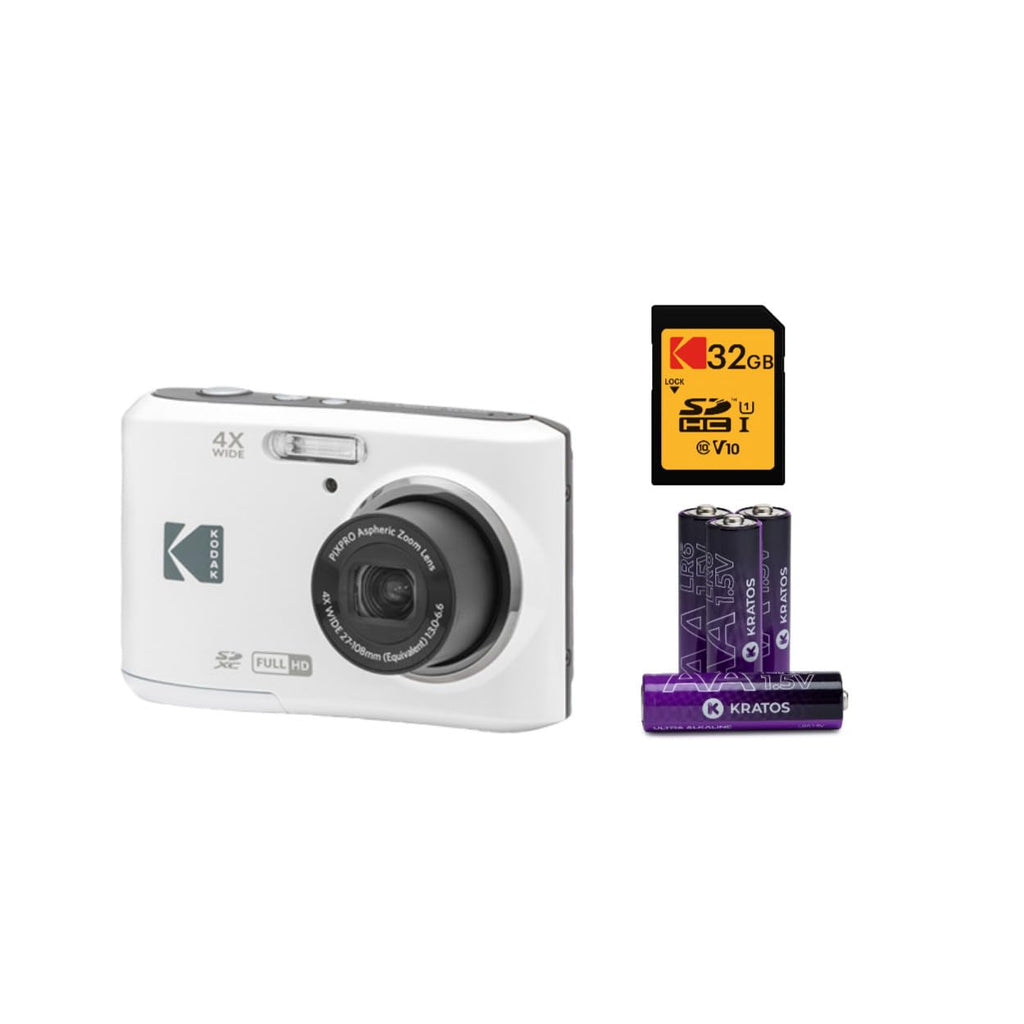 KODAK PIXPRO Friendly Zoom FZ45-WH 16MP Digital Camera with 4X Optical Zoom 27mm Wide Angle and 2.7" LCD Screen (White) Bundle with 32GB Memory Card and AA-Batteries (4-Pack) (6 Items)