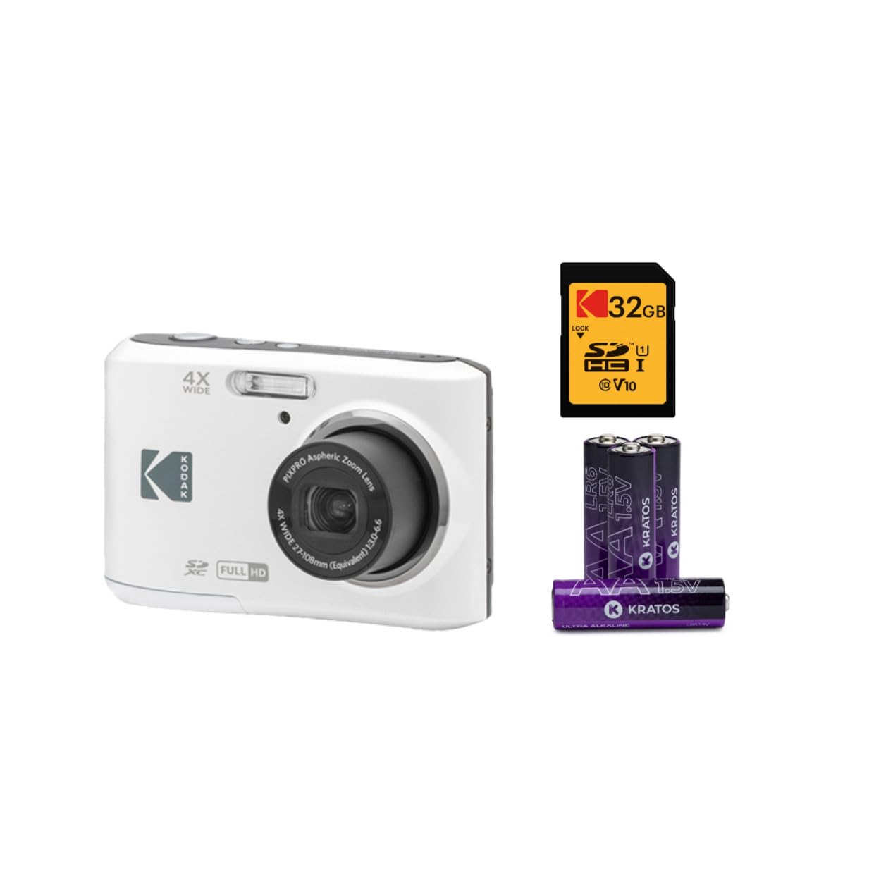 KODAK PIXPRO Friendly Zoom FZ45-WH 16MP Digital Camera with 4X Optical Zoom 27mm Wide Angle and 2.7" LCD Screen (White) Bundle with 32GB Memory Card and AA-Batteries (4-Pack) (6 Items)