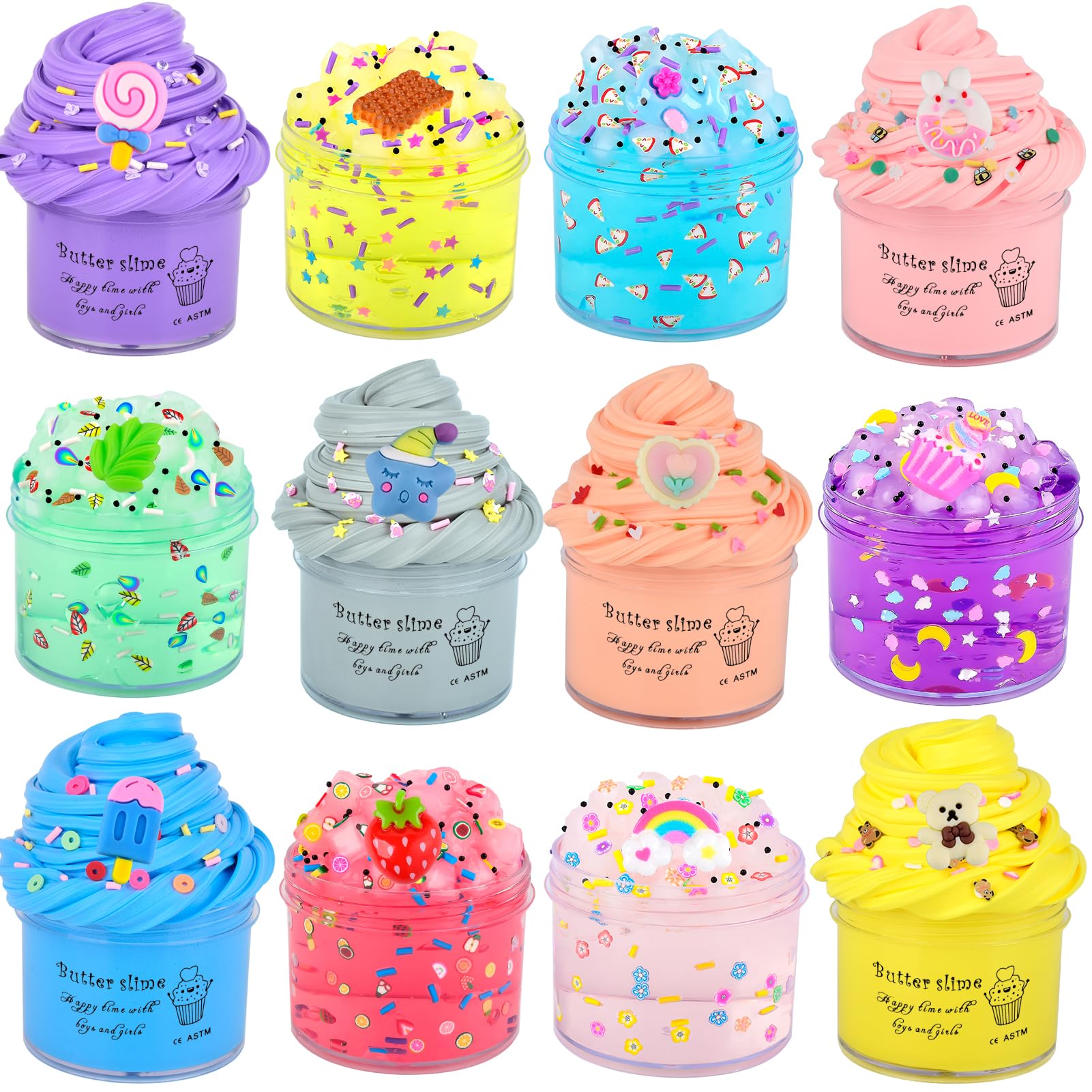 Slime Kit 12 Pack with 6 Butter Slime and 6 Crystal Slime for Party Favors Scents Slime Putty Soft and Non-Sticky Birthday Gift Carnival Prizes Stress Relief Toy for Kids Education
