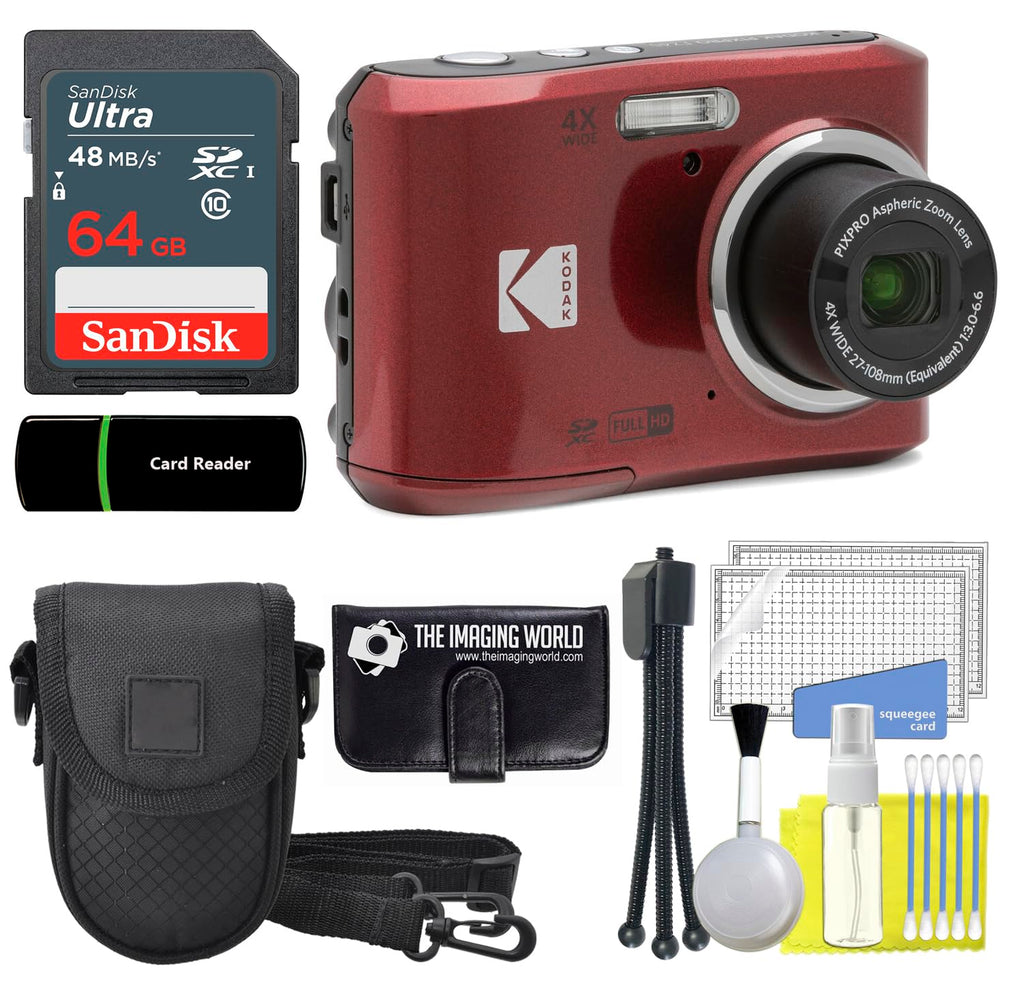Kodak PIXPRO FZ45 16MP Digital Camera 4X Optical Zoom 27mm Wide Angle 1080P Full HD Video 2.7" LCD Camera (Red) + 64GB Card and Reader + Case + Memory Wallet + Tripod + Cleaning Bundle