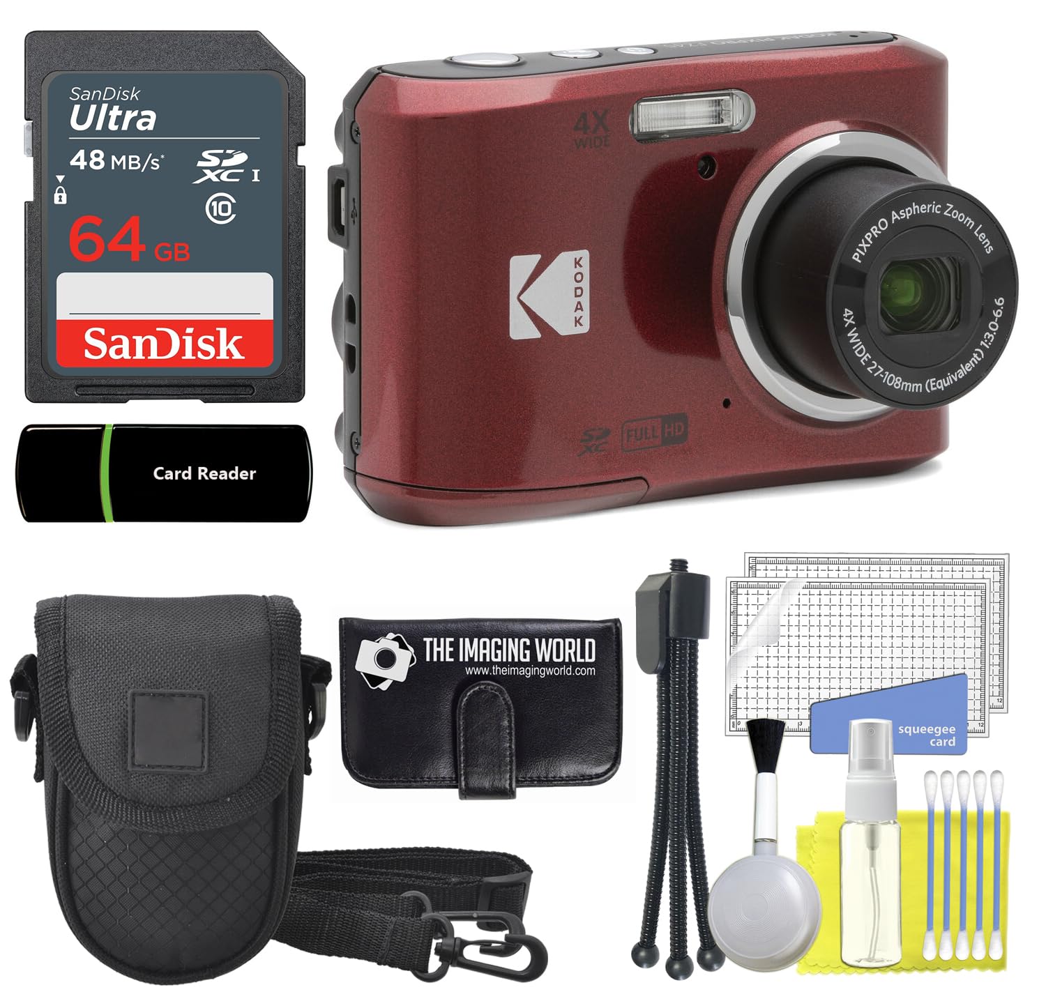 Kodak PIXPRO FZ45 16MP Digital Camera 4X Optical Zoom 27mm Wide Angle 1080P Full HD Video 2.7" LCD Camera (Red) + 64GB Card and Reader + Case + Memory Wallet + Tripod + Cleaning Bundle